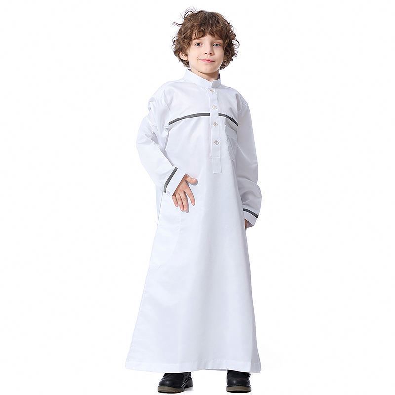 2023 Middle East Muslim boy daffah thobe caftan stand collar solid color Arab moroccan thobes islamic thobe for kids