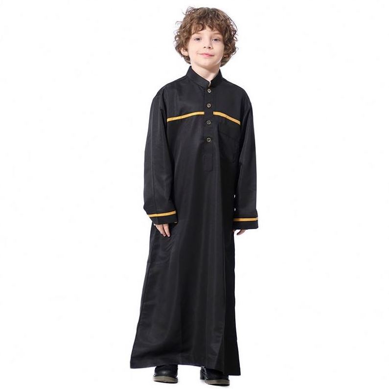 2023 Middle East Muslim boy daffah thobe caftan stand collar solid color Arab moroccan thobes islamic thobe for kids