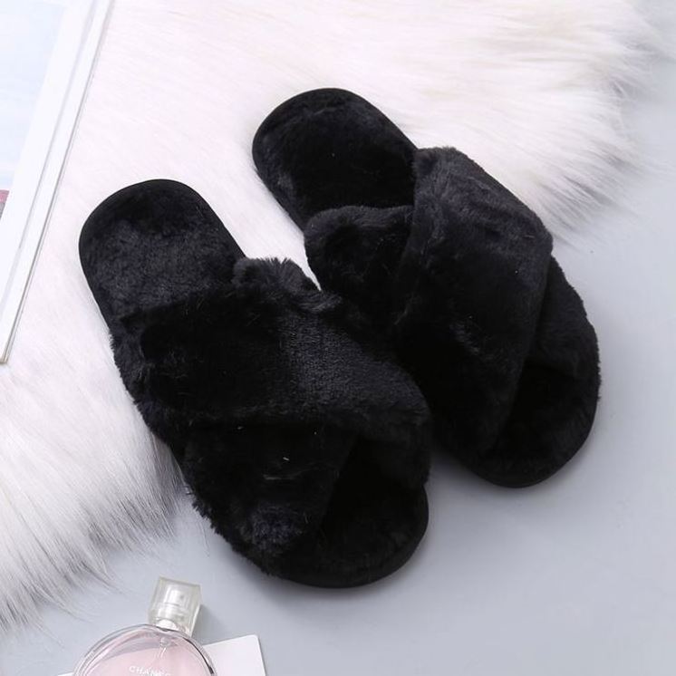 Women Fashion Warm Fluffy Slippers Cozy Faux Fur Cross Indoor Floor Slides Flat Soft Furry Ladies Female Flip Flops Warm Slipper