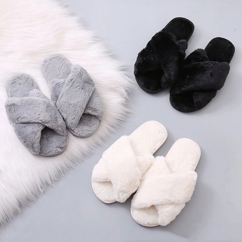 Women Fashion Warm Fluffy Slippers Cozy Faux Fur Cross Indoor Floor Slides Flat Soft Furry Ladies Female Flip Flops Warm Slipper