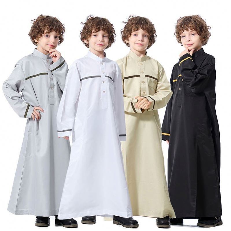 2023 Middle East Muslim boy daffah thobe caftan stand collar solid color Arab moroccan thobes islamic thobe for kids