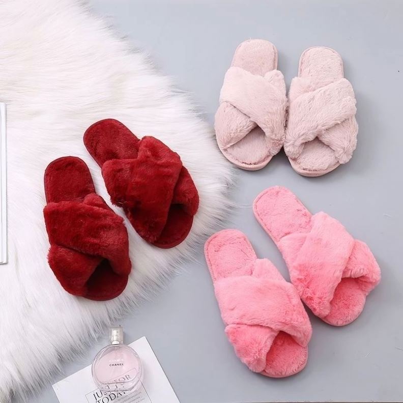 Women Fashion Warm Fluffy Slippers Cozy Faux Fur Cross Indoor Floor Slides Flat Soft Furry Ladies Female Flip Flops Warm Slipper