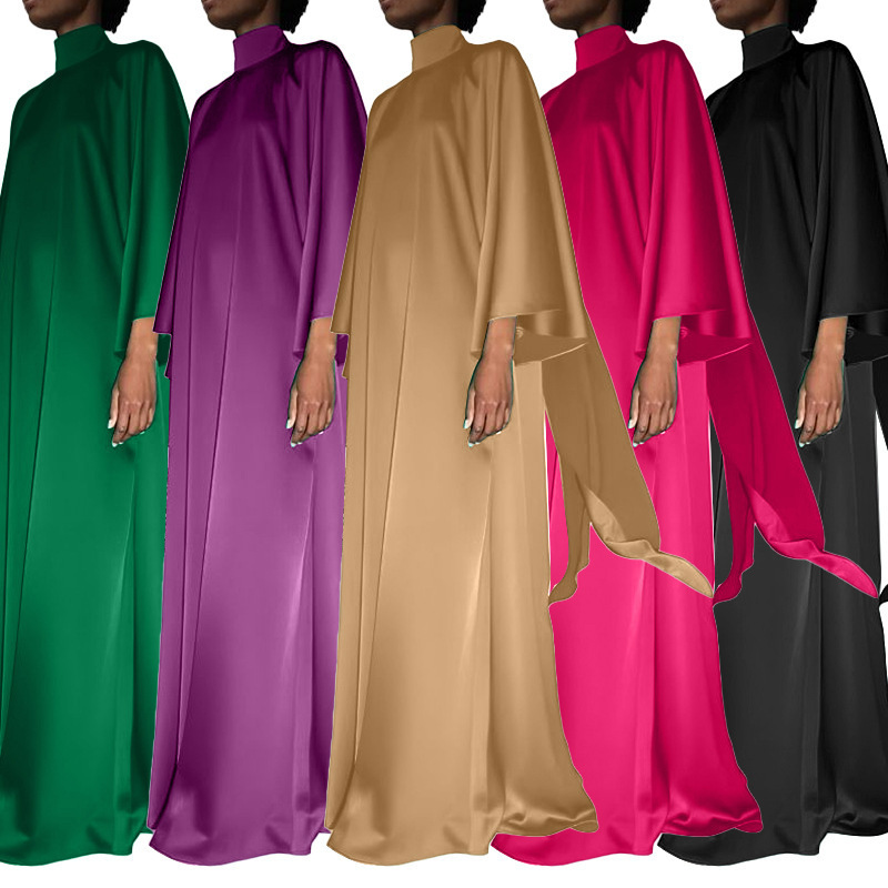 Liu Ming Spring 2024 Fashion Muslim Full Sleeve Women High Neck Loose Middle Eastern Satin Long Dresses