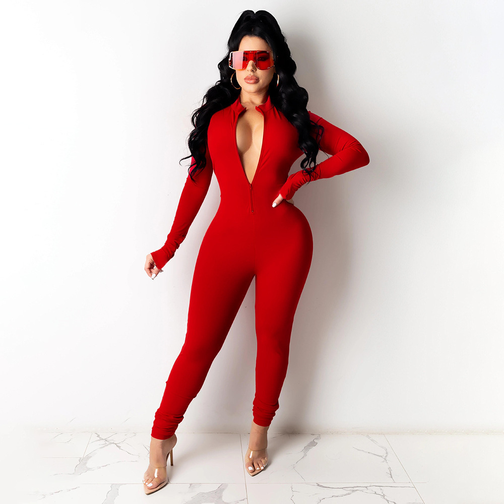 Liu Ming Winter Fall Custom Women Long Sleeve Bodysuit V Neck Solid Color Bodycon Zipper Female Fitness Jumpsuits