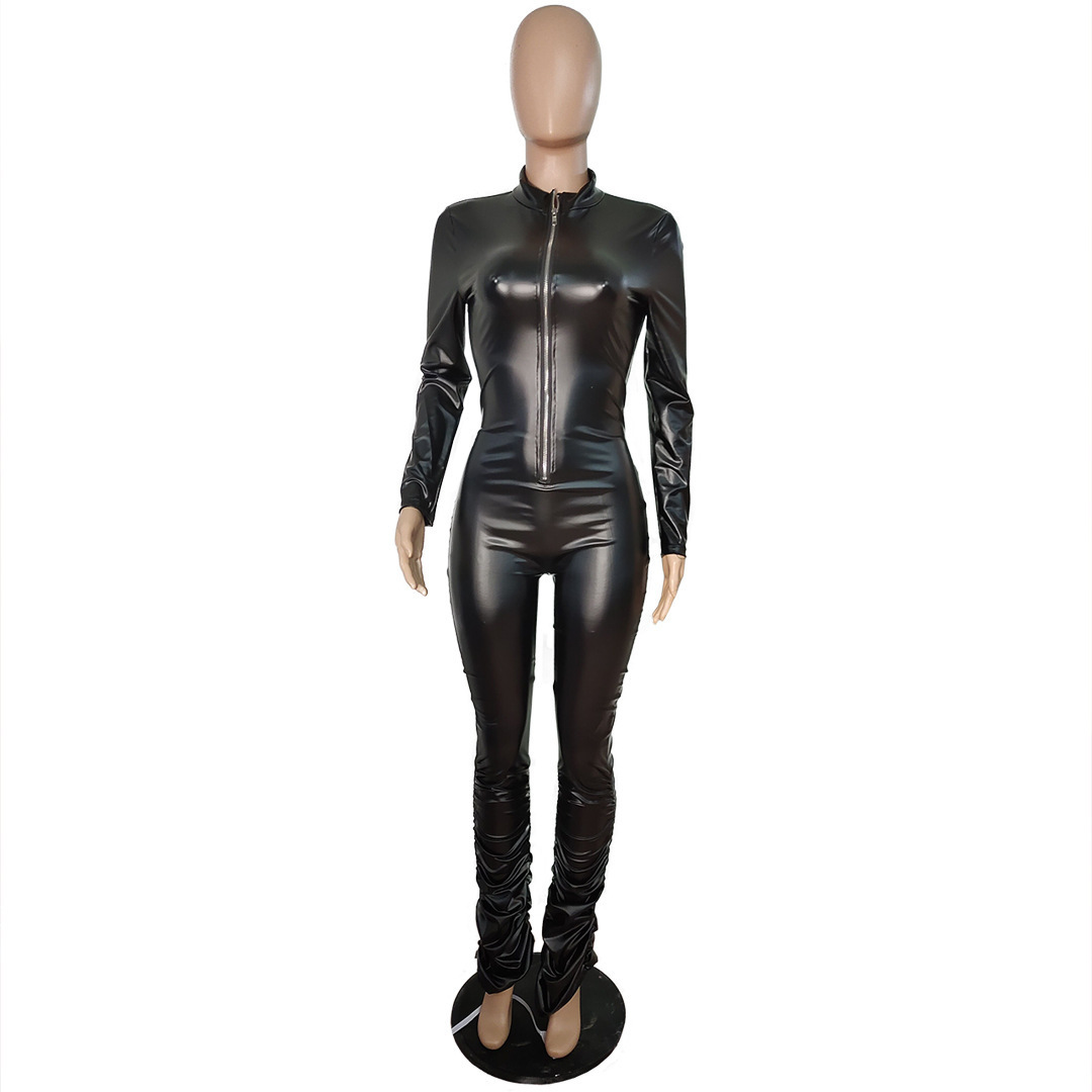 Liu Ming Wholesale Women Sexy Black Long Sleeve Zipper Clubwear PU Leather Stacked Rompers Jumpsuit