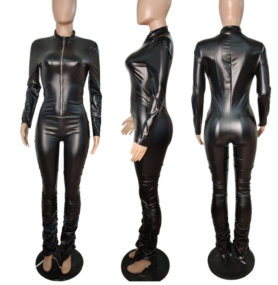 Liu Ming Wholesale Women Sexy Black Long Sleeve Zipper Clubwear PU Leather Stacked Rompers Jumpsuit