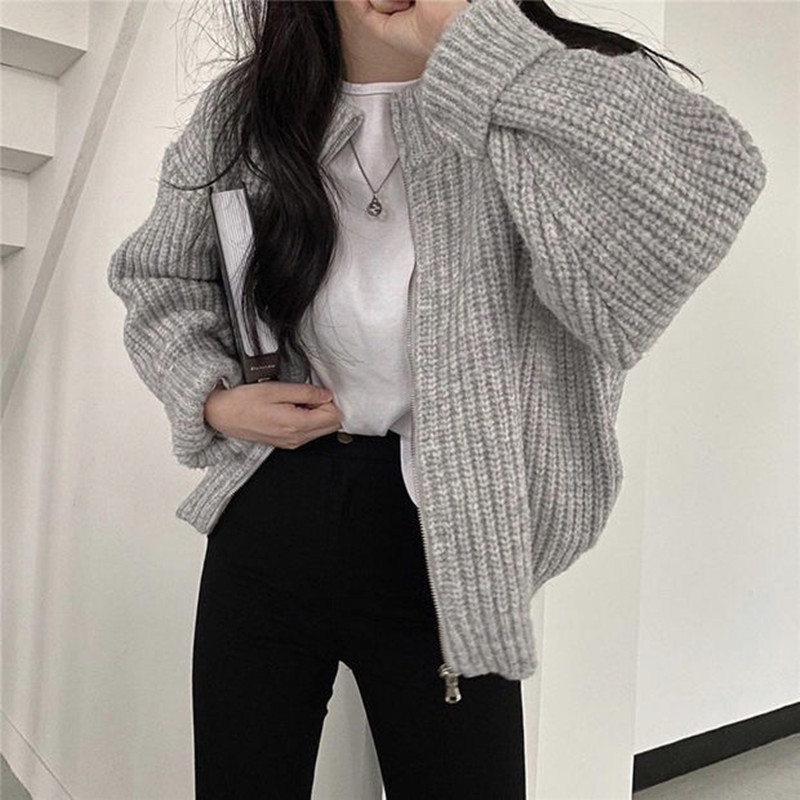 Liu Ming Korean Style Fashion Women Casual Warm Zipper Loose Jacket Coats Knitting Sweater