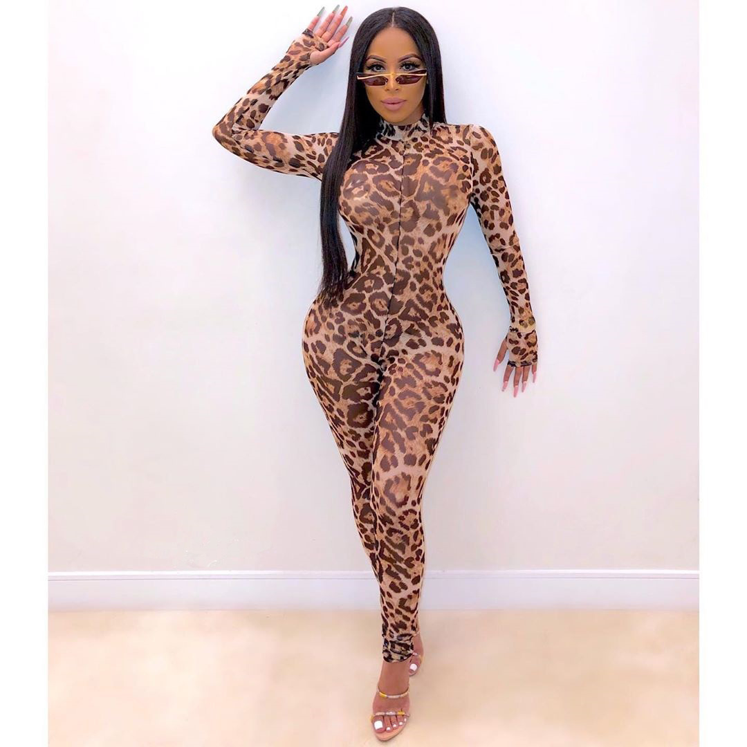 Liu Ming Trending Fall Women Sexy Leopard Print Mesh Long Sleeve See through Bodycon Jumpsuit