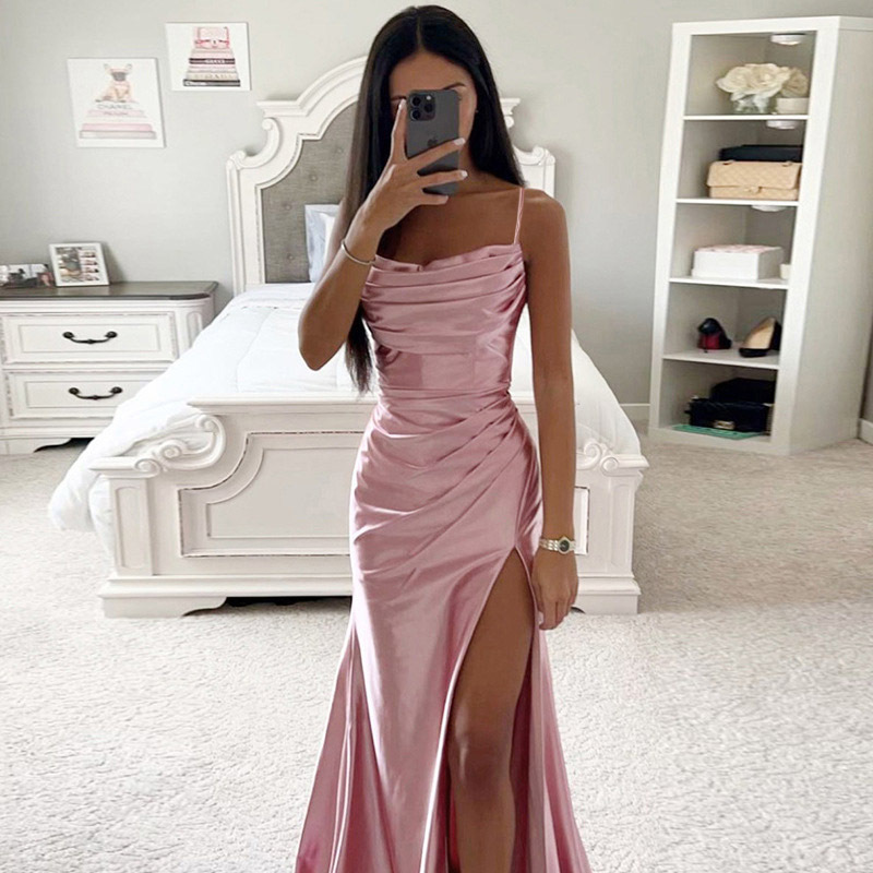 Liu Ming Cheap Wholesale Summer Fashion Women V Neck Sexy Satin Slip Slim High Waist Elegant Slit Maxi Dress