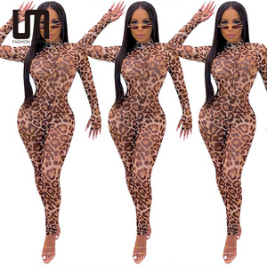 Liu Ming Trending Fall Women Sexy Leopard Print Mesh Long Sleeve See through Bodycon Jumpsuit