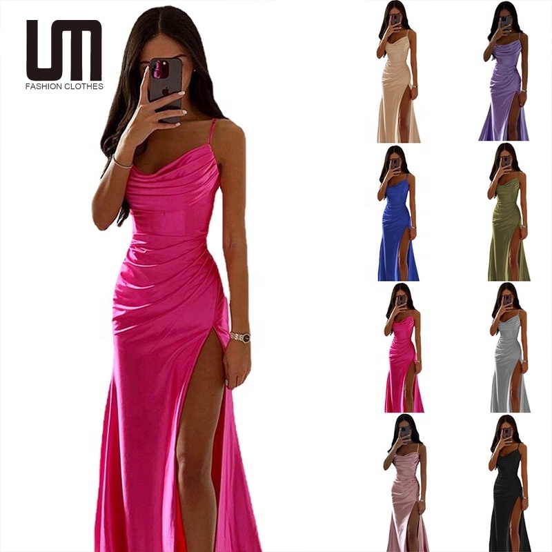 Liu Ming Cheap Wholesale Summer Fashion Women V Neck Sexy Satin Slip Slim High Waist Elegant Slit Maxi Dress