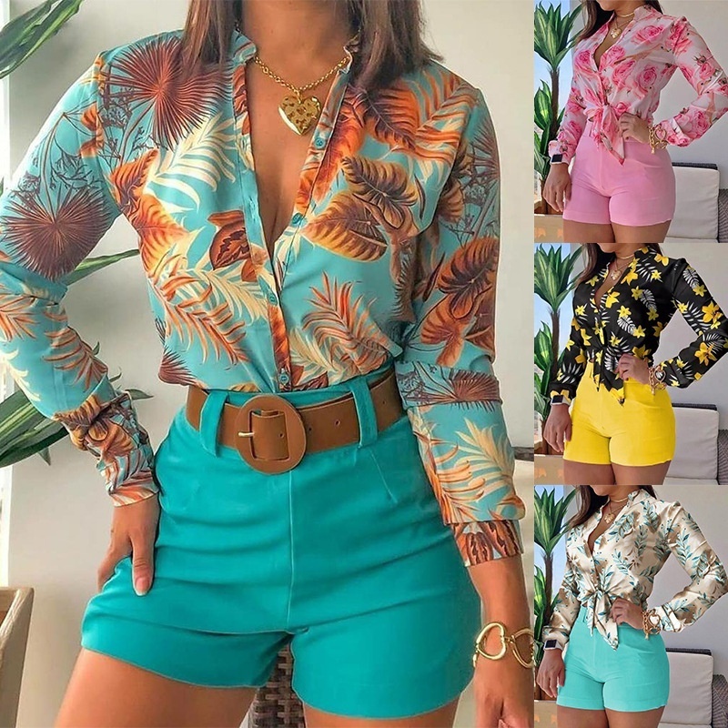 Liu Ming Hot Selling Women Casual Beach Holiday Floral Leaf Long Sleeve Shirt Shorts Matching Suit 2 Piece Set