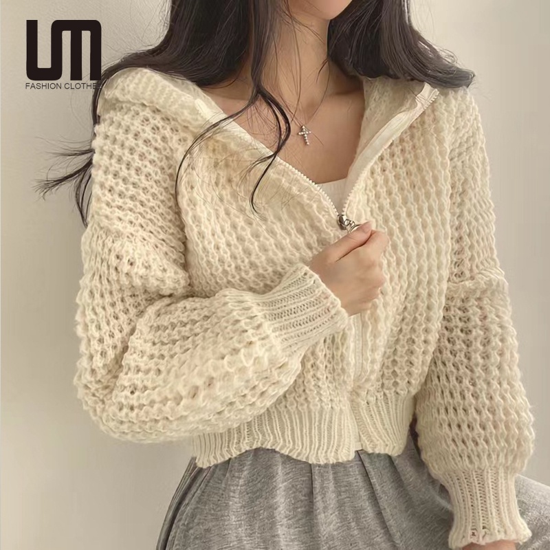 Liu Ming Cheap Wholesale New Product 2024 Korean Chic Casual Women Loose Knitted Zipper Lantern Long Sleeve Hooded Coat Sweaters