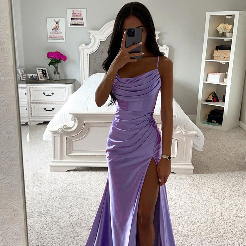 Liu Ming Cheap Wholesale Summer Fashion Women V Neck Sexy Satin Slip Slim High Waist Elegant Slit Maxi Dress