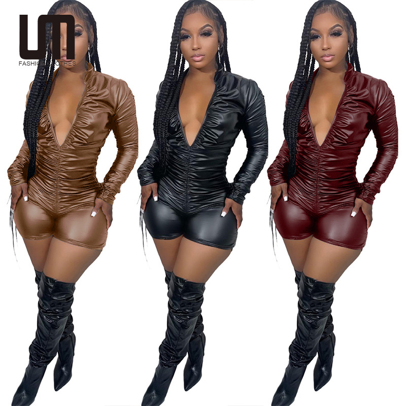 Liu Ming New Products Women Pu Faux Leather Long Sleeve Playsuit Bodycon One Piece Rompers Jumpsuit