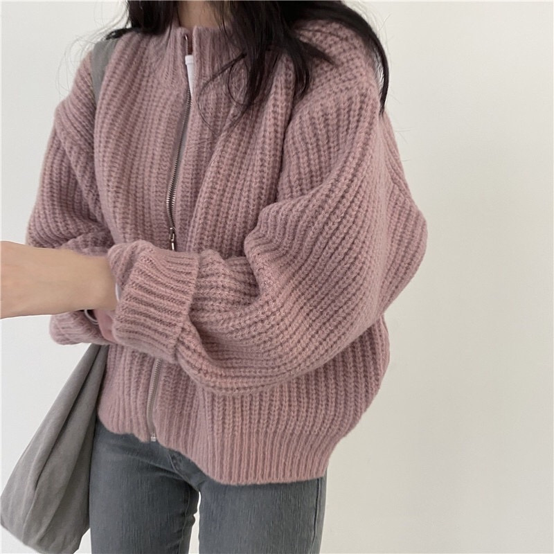 Liu Ming Korean Style Fashion Women Casual Warm Zipper Loose Jacket Coats Knitting Sweater