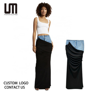 Liu Ming High Fashion Designer Women New Arrival Denim Patchwork Color High Waist Black Pleated Long Asymmetrical Skirt