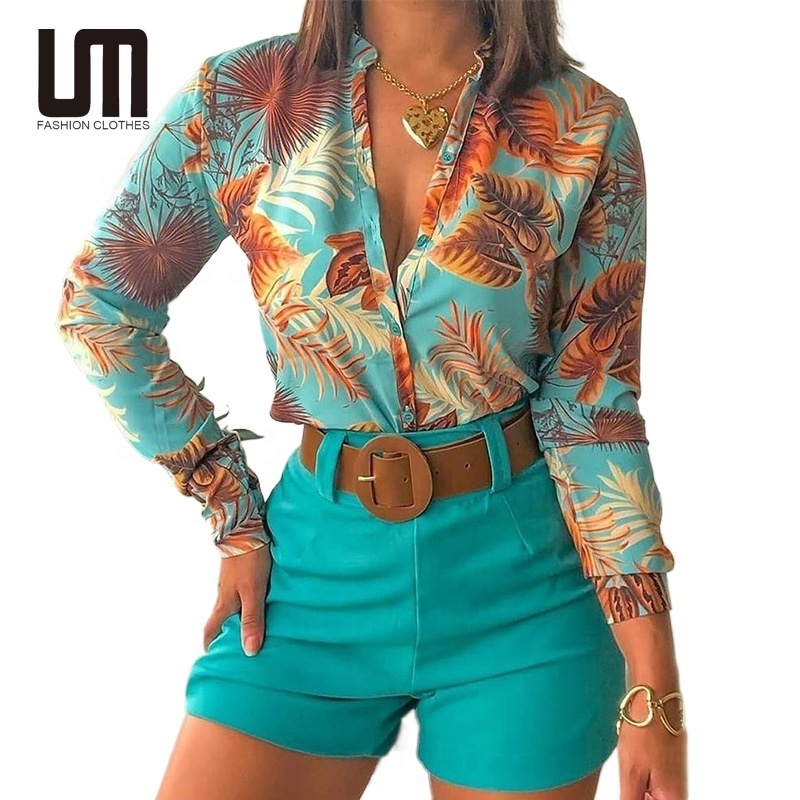 Liu Ming Hot Selling Women Casual Beach Holiday Floral Leaf Long Sleeve Shirt Shorts Matching Suit 2 Piece Set