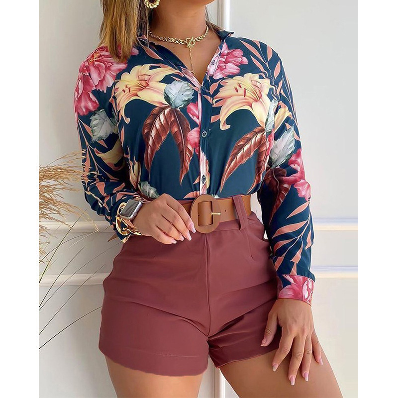 Liu Ming Hot Selling Women Casual Beach Holiday Floral Leaf Long Sleeve Shirt Shorts Matching Suit 2 Piece Set