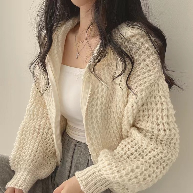 Liu Ming Cheap Wholesale New Product 2024 Korean Chic Casual Women Loose Knitted Zipper Lantern Long Sleeve Hooded Coat Sweaters