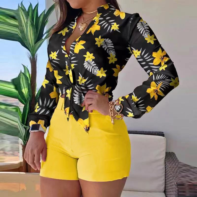 Liu Ming Hot Selling Women Casual Beach Holiday Floral Leaf Long Sleeve Shirt Shorts Matching Suit 2 Piece Set