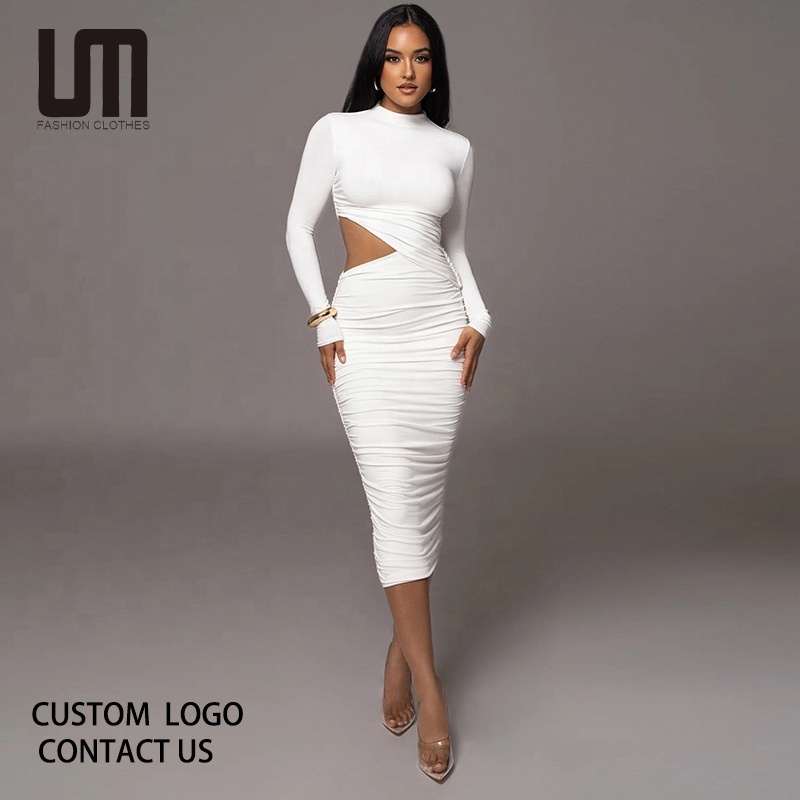 Liu Ming Hot Selling Wholesale 2024 Autumn Winter Woman Elegant Cut Out Long Sleeve Ruched Bodycon Long Dress