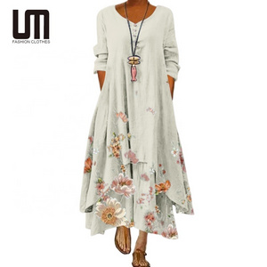 Liu Ming Fashion Wholesale 2024 New Product Women Flower Print Casual O Neck Irregular Maxi Dress