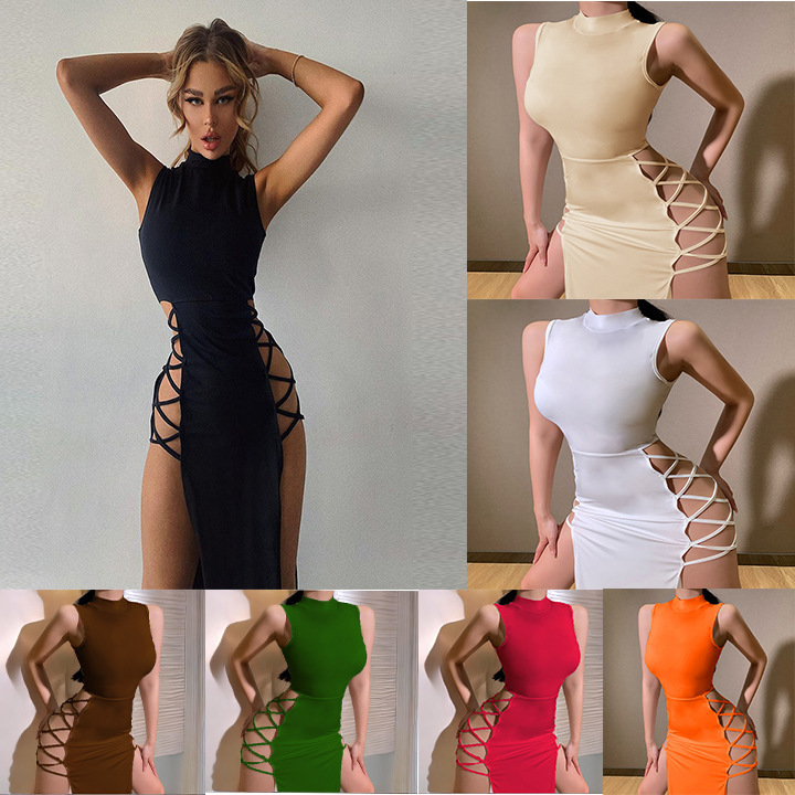 Liu Ming Hot Selling Custom Printed 2024 Trends Sexy Women Sleeveless Lace Up Skinny Party Club Slit Dress