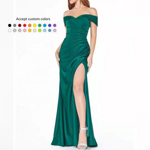 New Sating plus size gown Ruffle off shoulder bridesmaid dresses long wedding Elegant Sexy high split Evening Prom Dresses