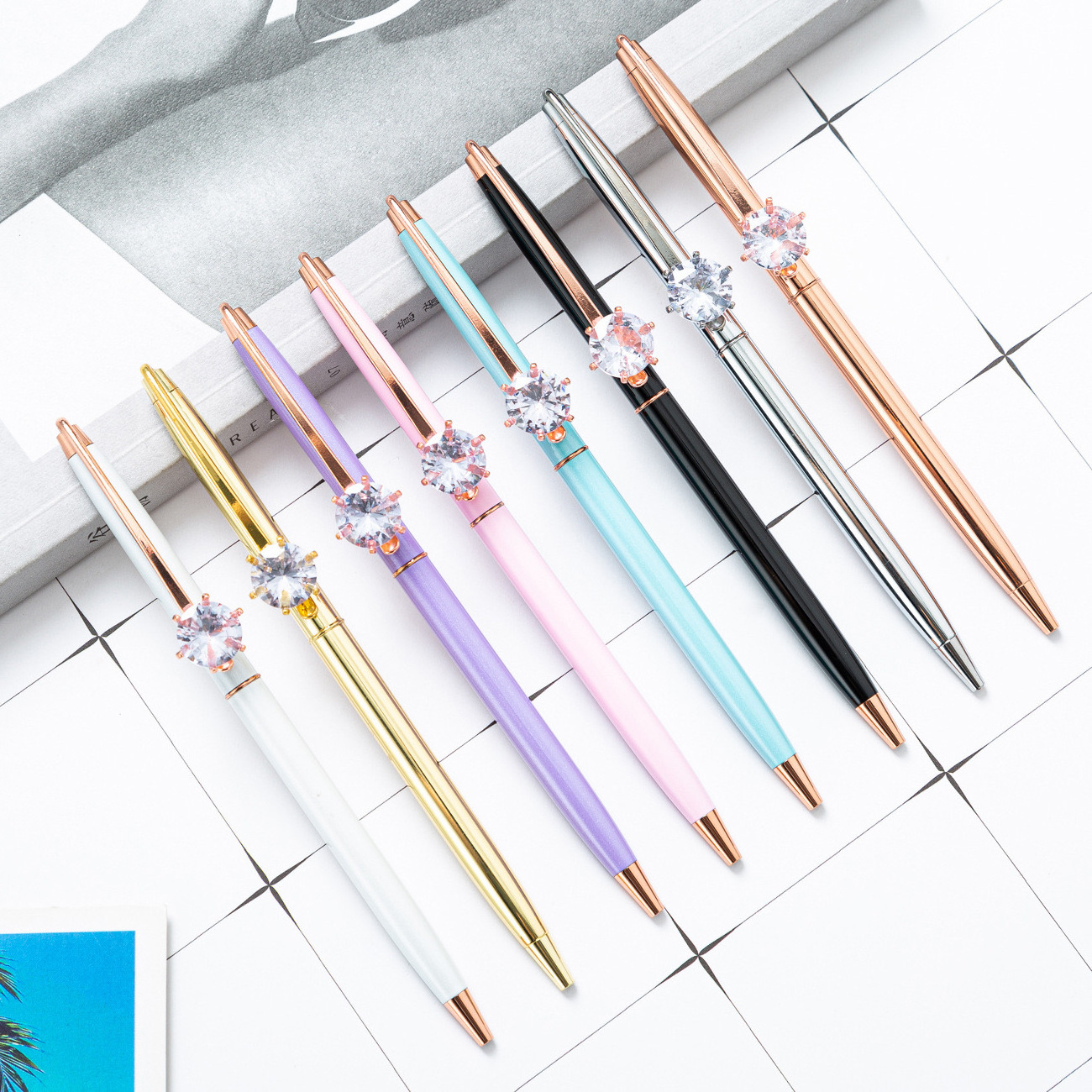 Diamond Pendant Clover Clip Elegant Stainless Steel Gel Ball Pen Signature Ballpoint Custom Women Metal Pens