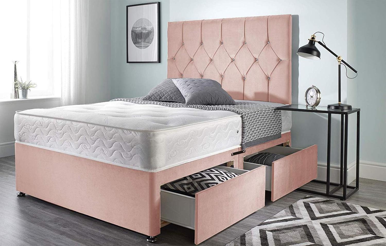 Pink Plush Memory Foam Divan Bed Set With Mattress 2 Drawers Same Side and Headboard Small Double 120cm X 190cm BestSuppliers