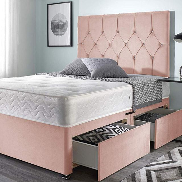 Pink Plush Memory Foam Divan Bed Set With Mattress, 2 Drawers (Same Side) and Headboard (Small Double (120cm X 190cm))