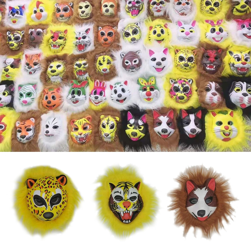 Halloween carnival animal mask rabbit Wolf lion tiger head with faux fur plush hair decoration masquerade ball