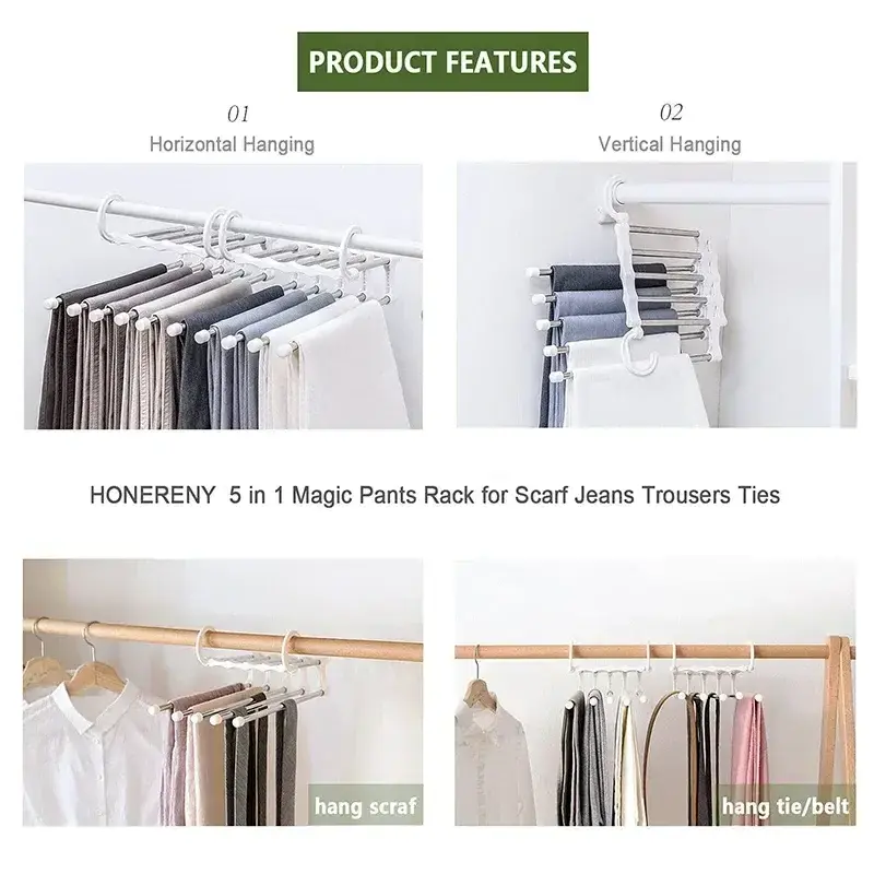 Hanger Pants for Children 5In1 Save Space Pants Hanger Collapsible Towel Tie Hook Multi-functional Clothes Trouser Rack