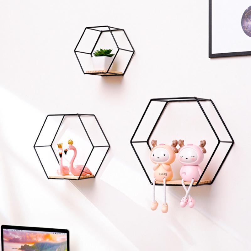 Wall Mounted Hexagon Shelf Handicraft Display Rack Floating   Sundries Storage Holder Living Room Home Decoration