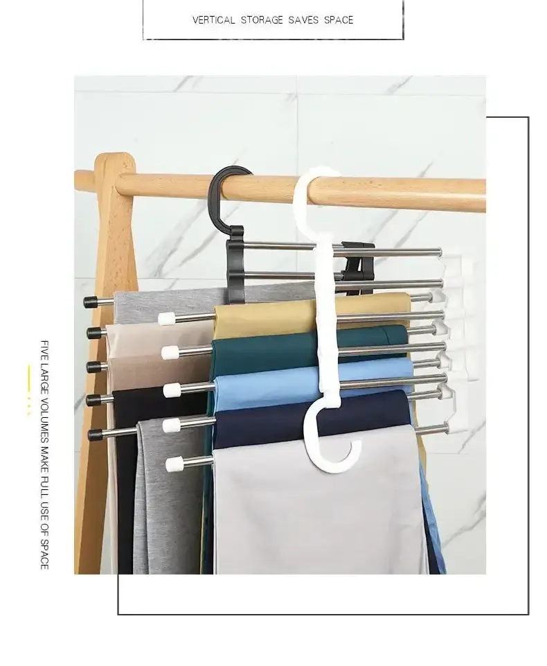 Hanger Pants for Children 5In1 Save Space Pants Hanger Collapsible Towel Tie Hook Multi-functional Clothes Trouser Rack