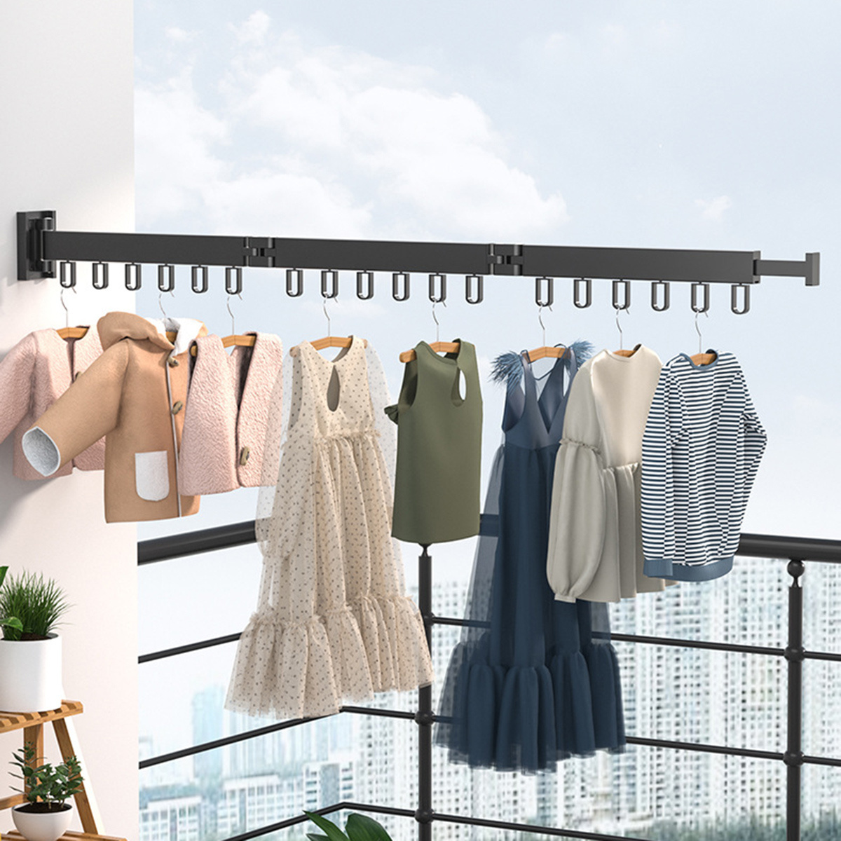 Balcony Clothes Drying Rack Folding Hanger Retractable Wall Mount Indoor Household Organization Aluminum Clothing Organizer