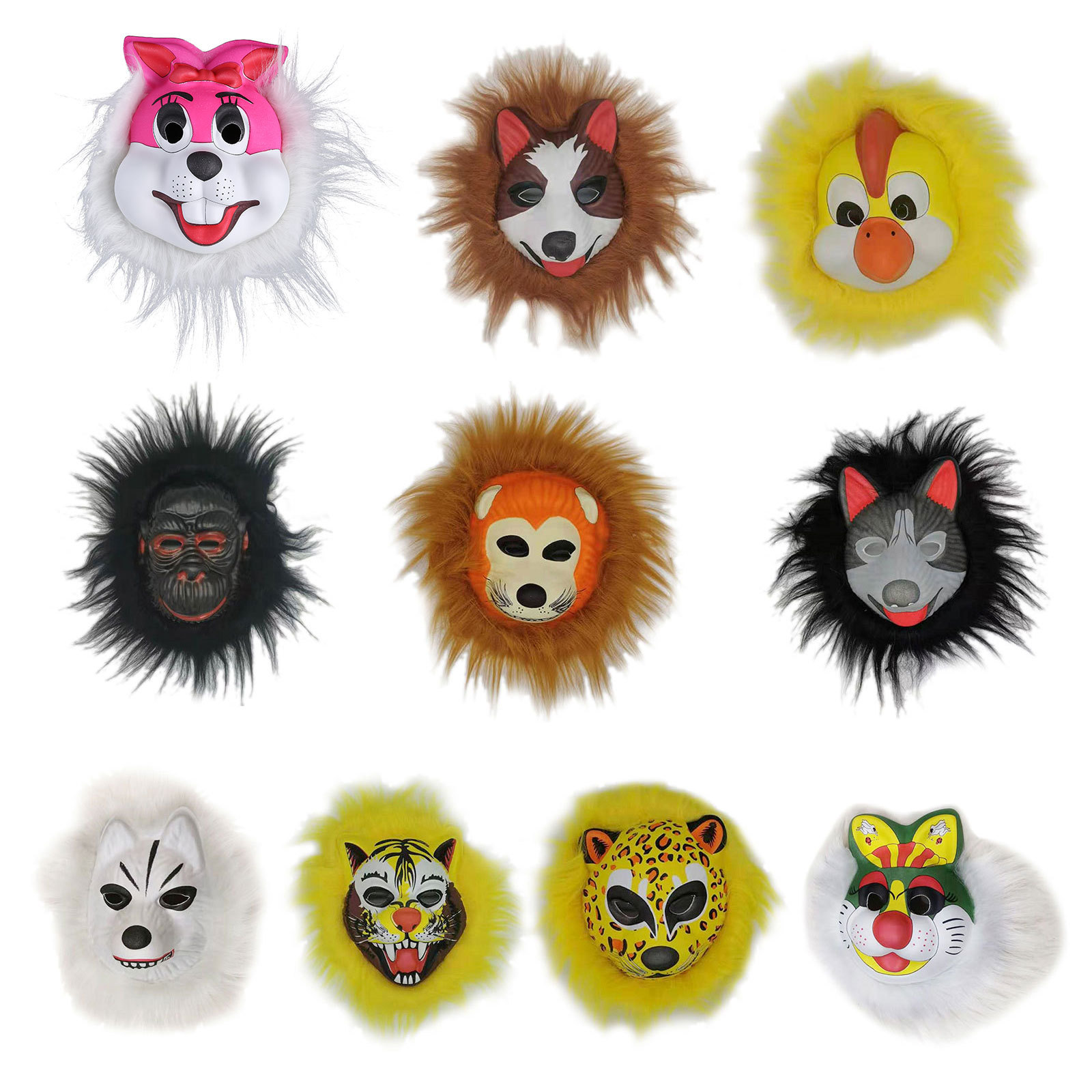 Halloween carnival animal mask rabbit Wolf lion tiger head with faux fur plush hair decoration masquerade ball