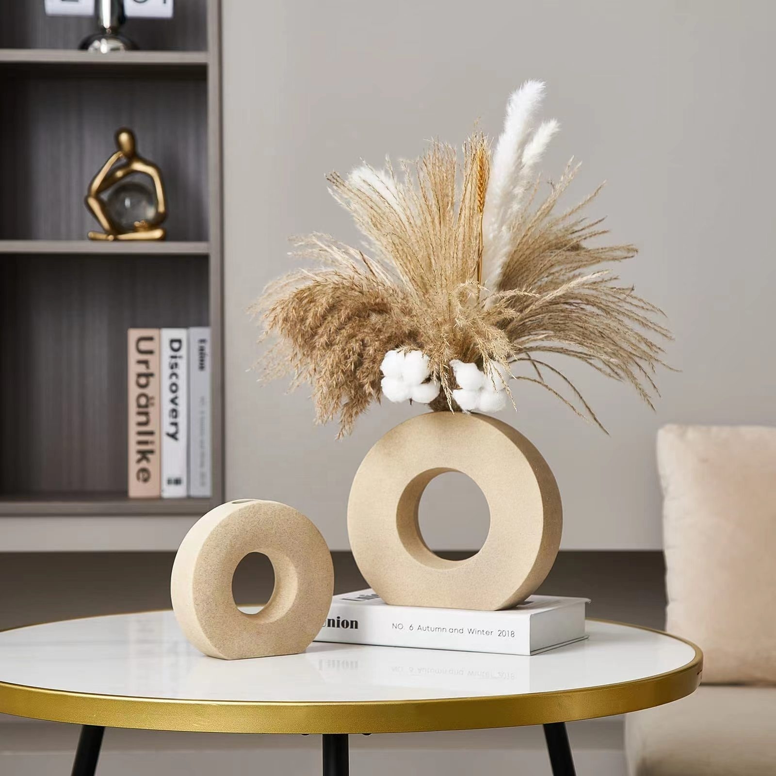 Nodic modern ceramics donuts vase sets pampas grass pot natural dried flowers wedding home decor bouquet frosted matte vase