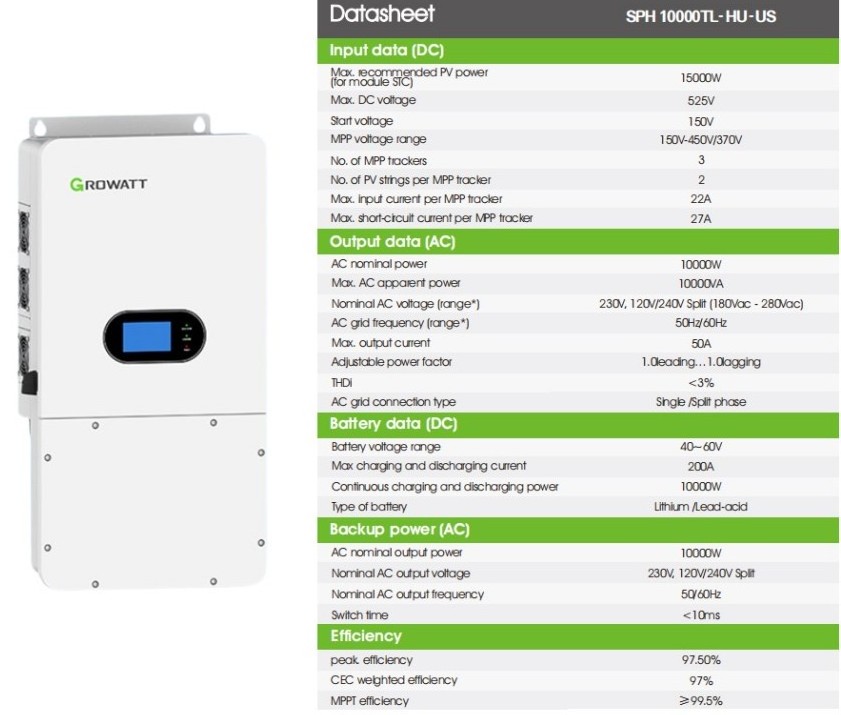 Growatt SPH 10000TL-HU-US Inverter 10kw hybrid solar inverter with built in MPPT charger for home solar  energy system