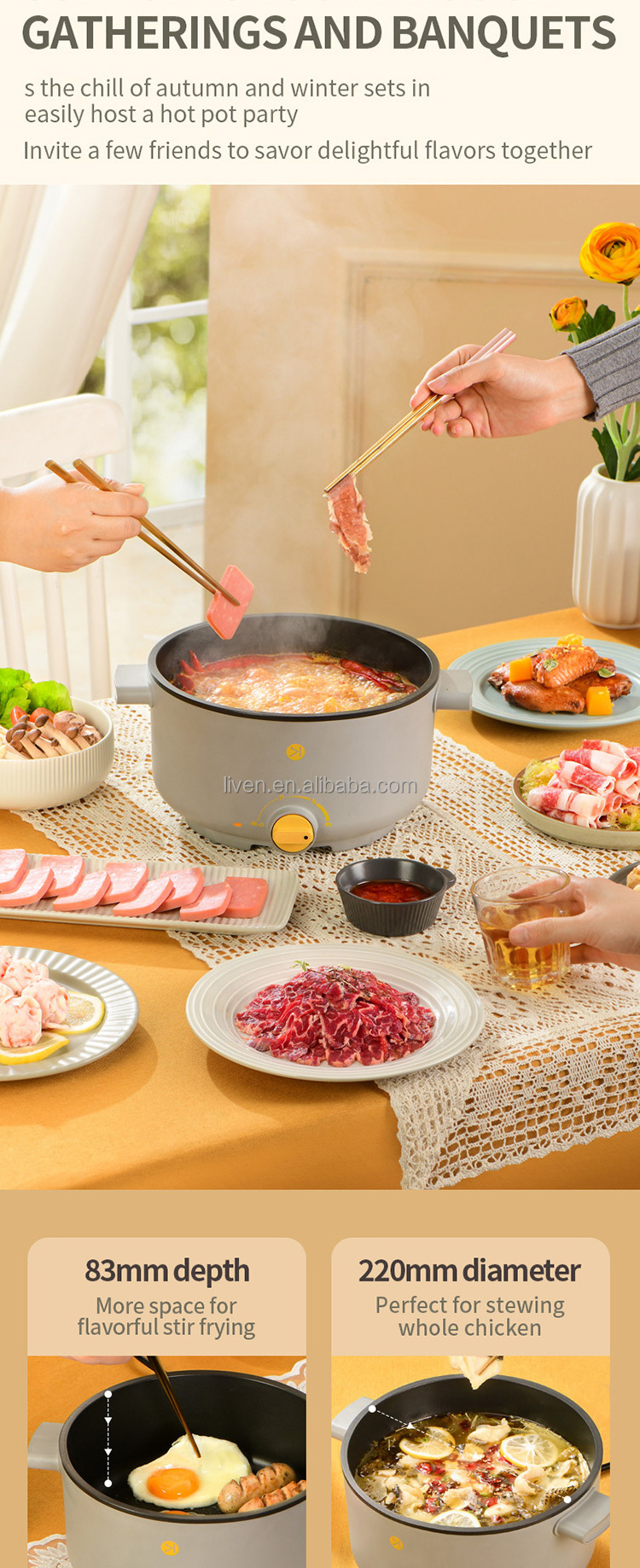 Electric multi cooking pot electric frying pan suitable for noodles/hotpot/soup fast cooking electric hot pot cooker