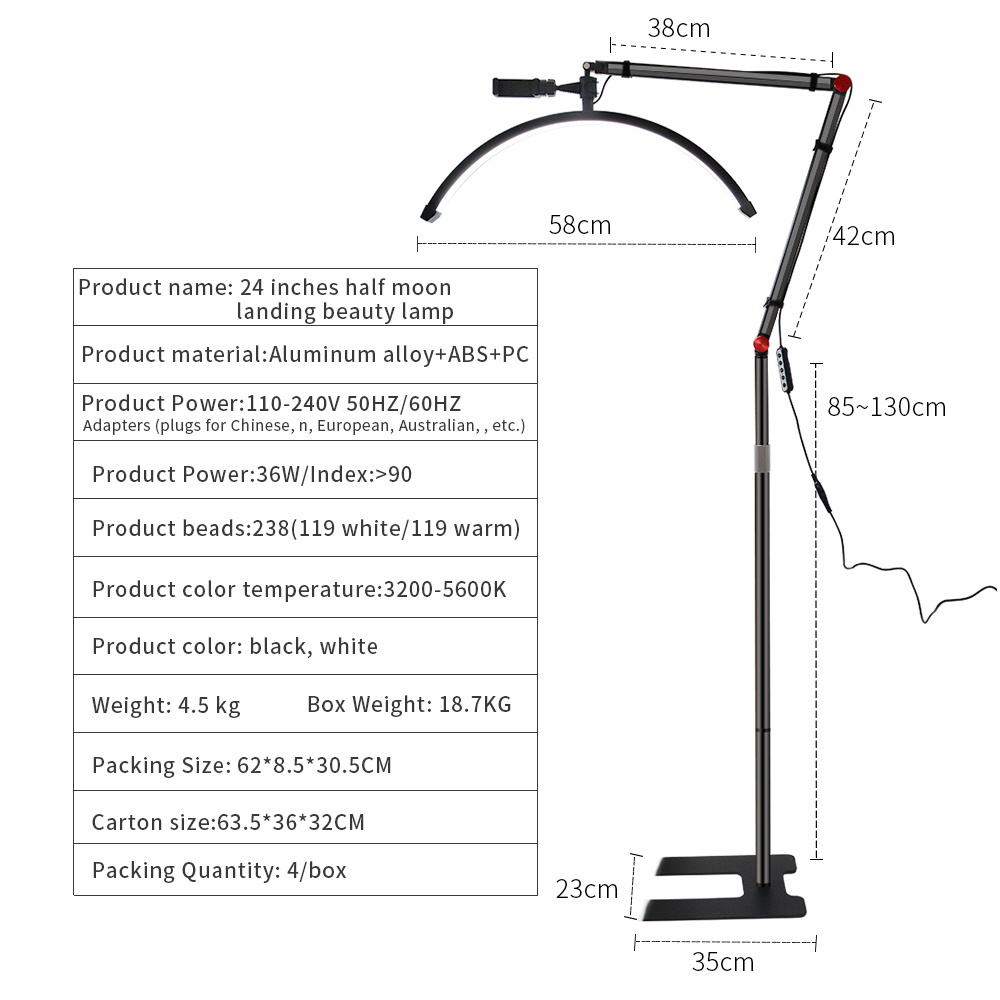 Eyelash Lights Tattoo Adjustable Boom Arm Half Moon Led Light Lashes Salon Light Led 3 Color with Phone Holder OEM