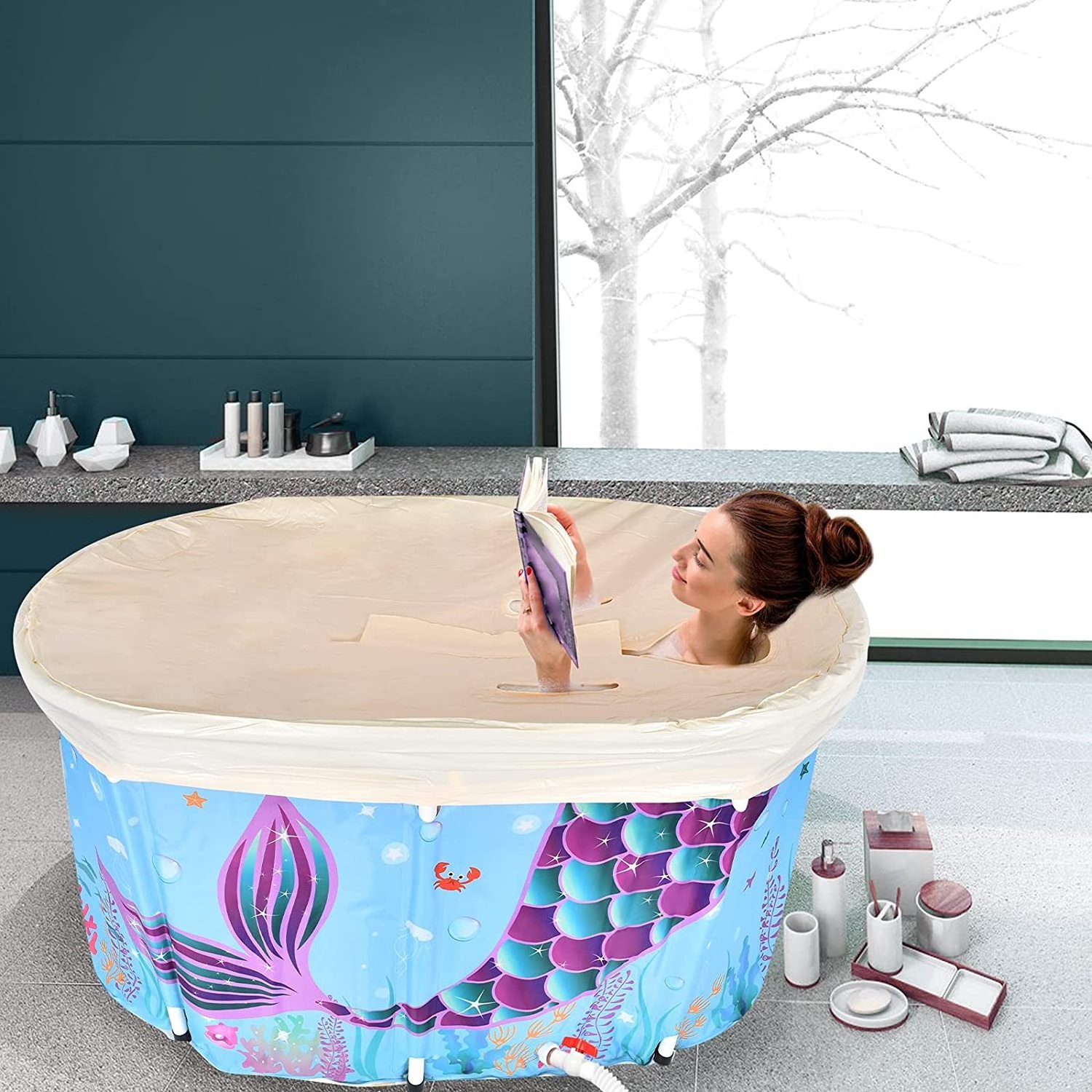 Large Foldable Bathing Tub  with Thermal Foam to Keep Temperature Portable Bathtub for Adults