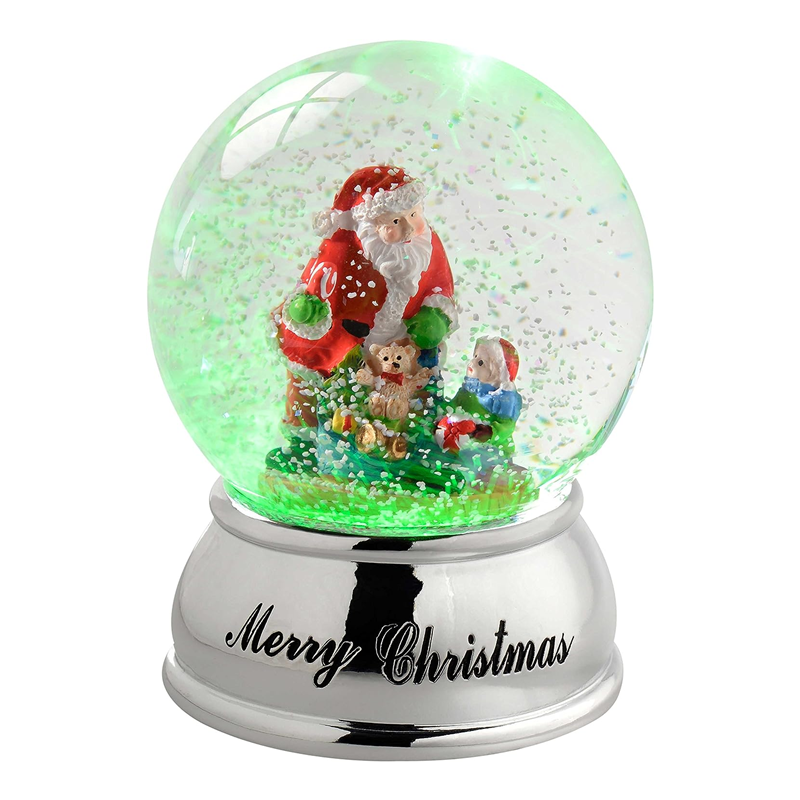 OEM Handmade Polyresin Electroplated Santa Claus with Toys Colour Changing Snow Globe 100mm