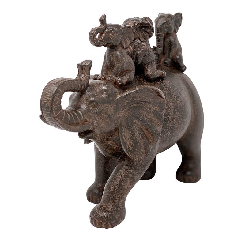 Home Decor Figurine 3 Baby Elephants Riding an Elephant Resin Statue