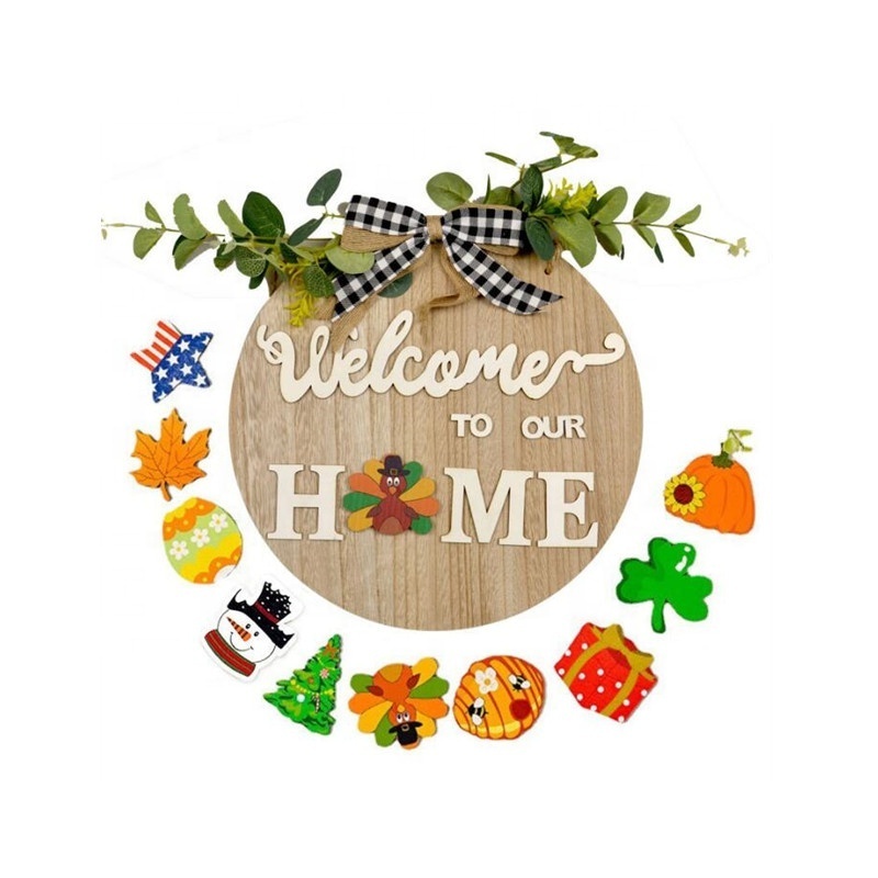 Home Sign with Interchangeable Holiday Pieces Seasonal Wood Welcome Sign for Front Door Decor