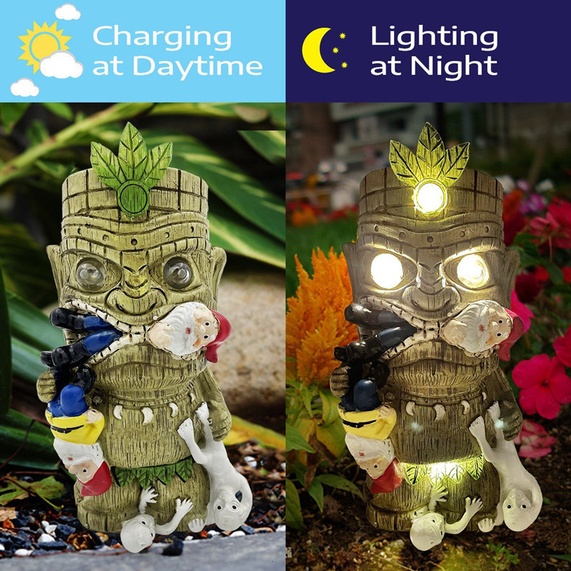 Garden Decoration Solar Tiki and Gnomes Statues For Bar Patio Lawn Yard