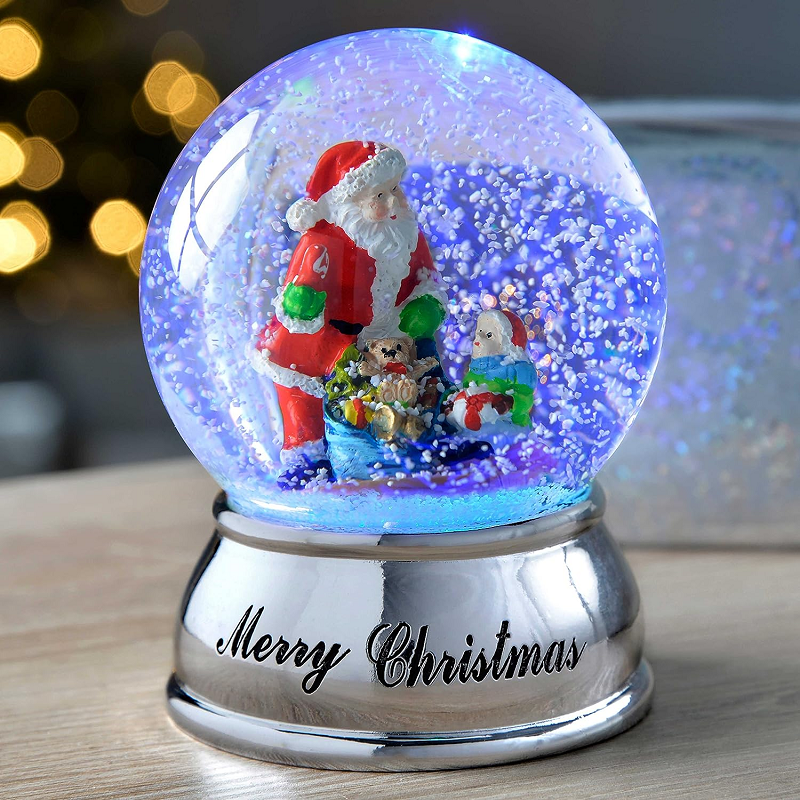 OEM Handmade Polyresin Electroplated Santa Claus with Toys Colour Changing Snow Globe 100mm