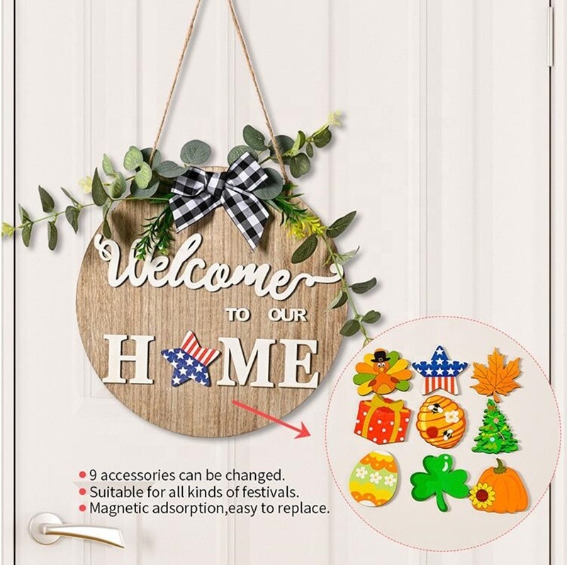 Home Sign with Interchangeable Holiday Pieces Seasonal Wood Welcome Sign for Front Door Decor