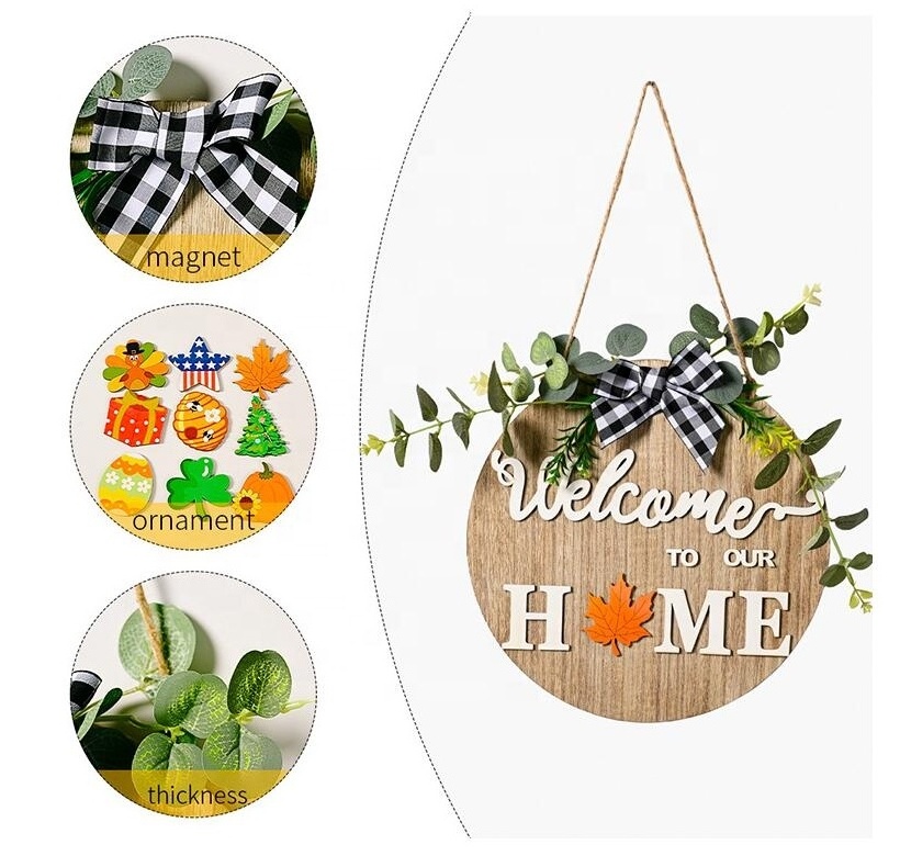 Home Sign with Interchangeable Holiday Pieces Seasonal Wood Welcome Sign for Front Door Decor